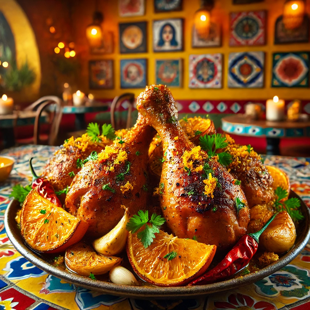 Roasted citrus turkey drumsticks with orange zest and spices, served in a vibrant Mexican-inspired setting.