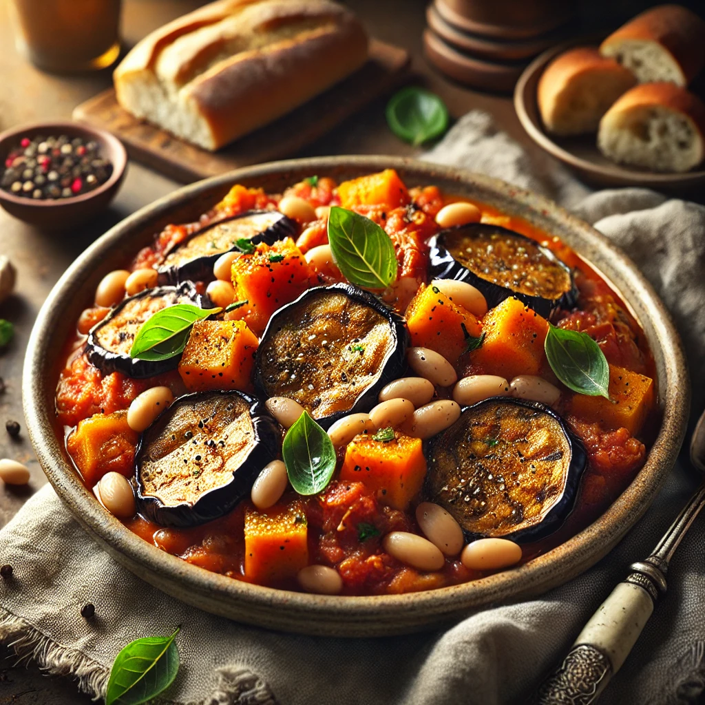 A bowl of roasted eggplant and sweet potato ragout with cannellini beans in a tomato-based sauce, garnished with basil and black pepper, served on a rustic wooden table with bread and red wine in the background.
