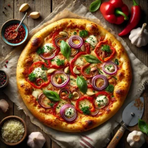 A roasted garlic and peppers pizza with a golden, crisp crust sits on a rustic wooden table. The pizza is topped with roasted garlic paste, melted mozzarella cheese, caramelized red onion rings, roasted red bell pepper strips, and crumbled feta cheese, garnished with fresh basil and parsley. Nearby are a small bowl of roasted garlic, roasted red peppers, and fresh herbs, along with a pizza cutter and a folded linen napkin.