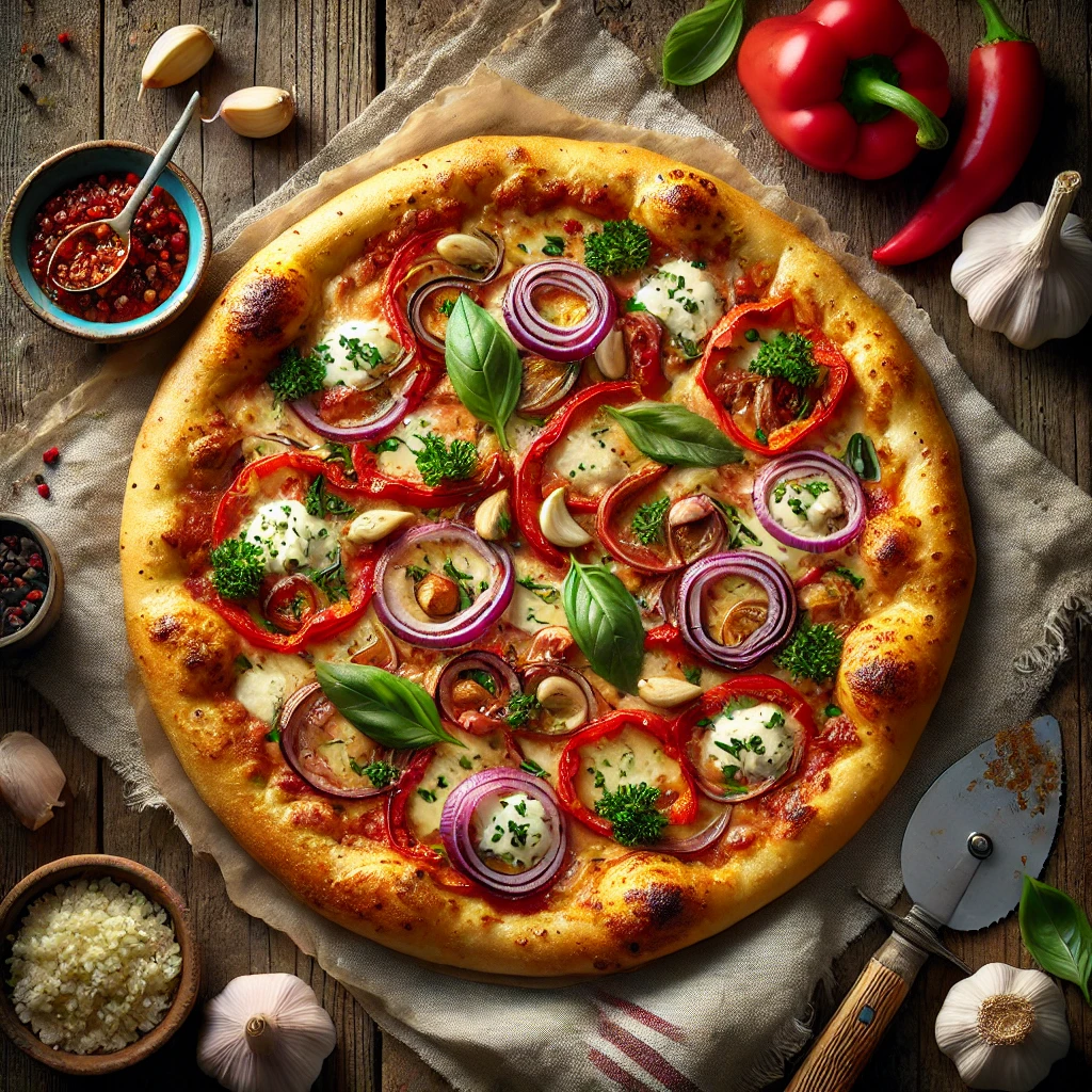 A roasted garlic and peppers pizza with a golden, crisp crust sits on a rustic wooden table. The pizza is topped with roasted garlic paste, melted mozzarella cheese, caramelized red onion rings, roasted red bell pepper strips, and crumbled feta cheese, garnished with fresh basil and parsley. Nearby are a small bowl of roasted garlic, roasted red peppers, and fresh herbs, along with a pizza cutter and a folded linen napkin.