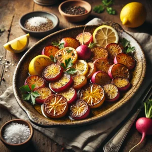 Lemon Roast Radishes served in an artisan ANTA dish, golden brown and slightly caramelized, glistening with olive oil and fresh lemon juice. The dish is garnished with cracked black pepper, sea salt flakes, and fresh herbs, styled on a rustic wooden table with a halved lemon, a small bowl of salt, and a linen napkin.