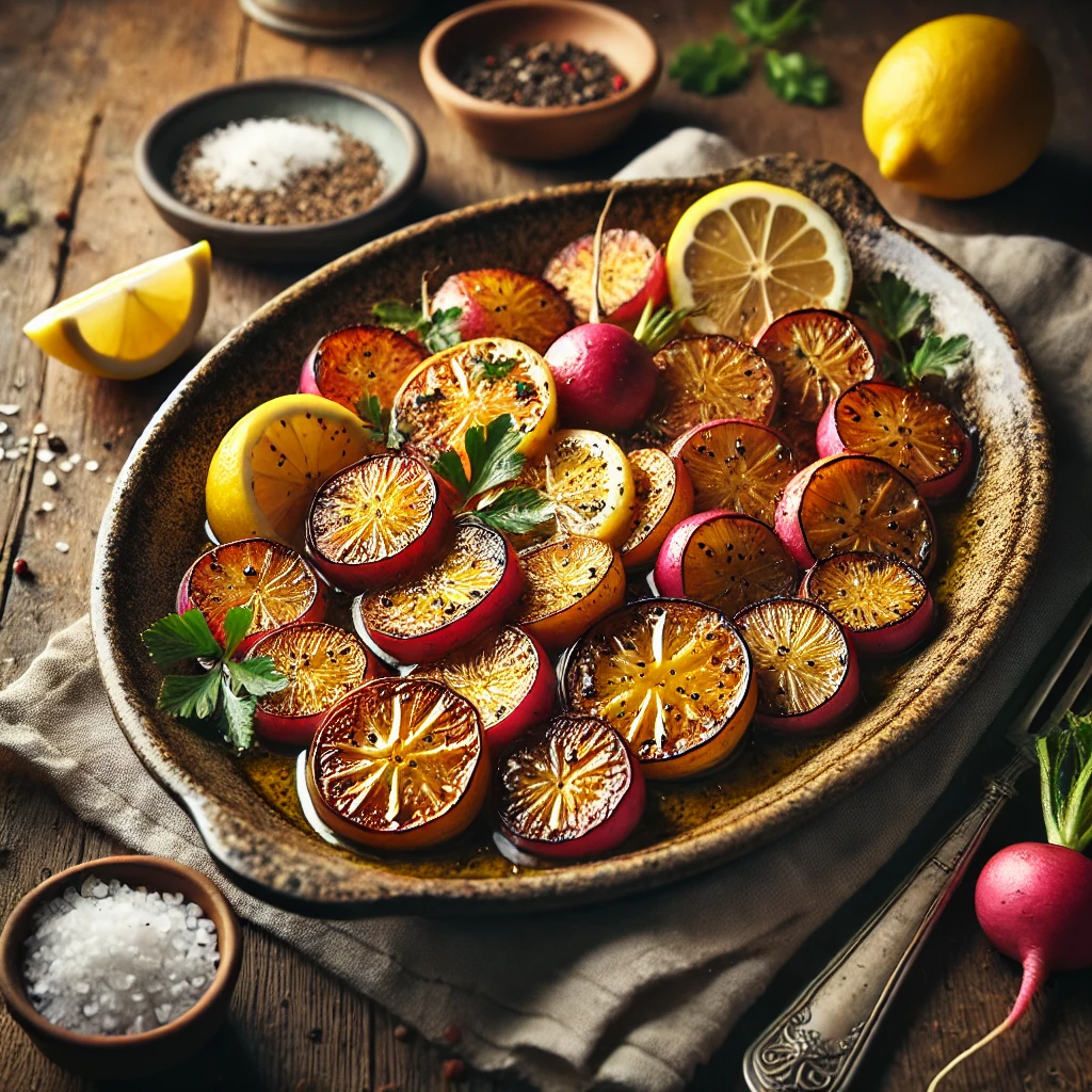 Lemon Roast Radishes served in an artisan ANTA dish, golden brown and slightly caramelized, glistening with olive oil and fresh lemon juice. The dish is garnished with cracked black pepper, sea salt flakes, and fresh herbs, styled on a rustic wooden table with a halved lemon, a small bowl of salt, and a linen napkin.