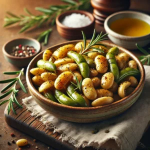 A bowl of golden roasted lima beans, seasoned with olive oil, salt, and fresh rosemary, placed on a wooden table with a linen napkin and fresh rosemary sprigs in the background.