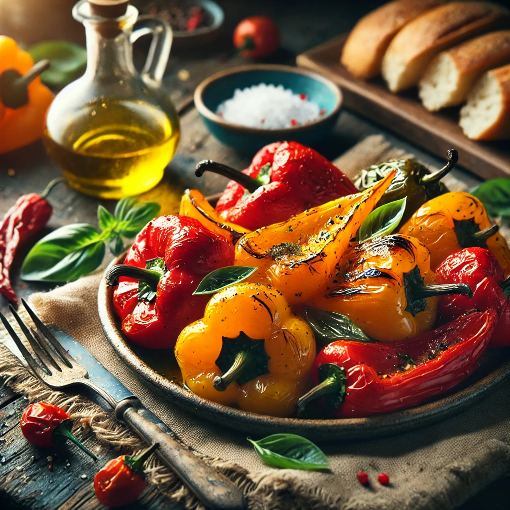 Vibrant red, yellow, and orange bell peppers, roasted to perfection with a slightly charred skin, drizzled with olive oil, and garnished with fresh basil and sea salt.
