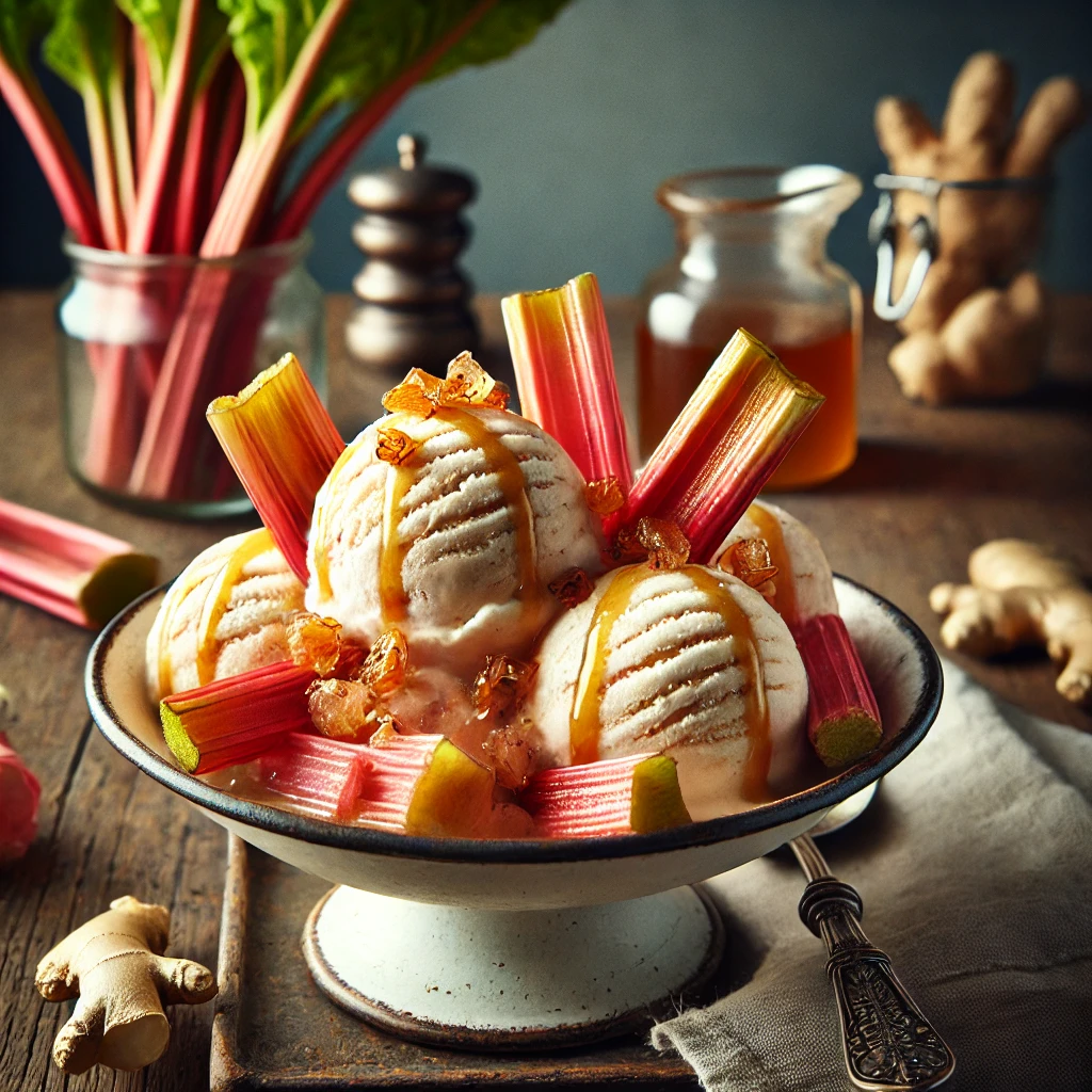 A creamy serving of Roasted Rhubarb and Ginger Ice Cream with swirls of roasted rhubarb, garnished with caramelized rhubarb pieces and a drizzle of ginger syrup. The dessert is presented in an elegant bowl on a rustic wooden table, with fresh rhubarb stalks, a jar of stem ginger, and a linen napkin softly blurred in the background. Warm, natural lighting enhances the inviting textures and colors.