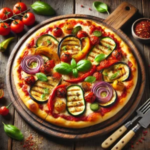 A beautifully plated Roasted Vegetable Pizza served on a rustic wooden table. The pizza features a crispy golden crust topped with a rich tomato sauce, melted mozzarella cheese, and an assortment of roasted vegetables such as zucchini, bell peppers, cherry tomatoes, red onions, and eggplant. Garnished with fresh basil leaves and a drizzle of balsamic glaze. Arranged on a wooden pizza board with a side of crushed red pepper flakes. The warm wooden table is more visible, providing a cozy and inviting setting.