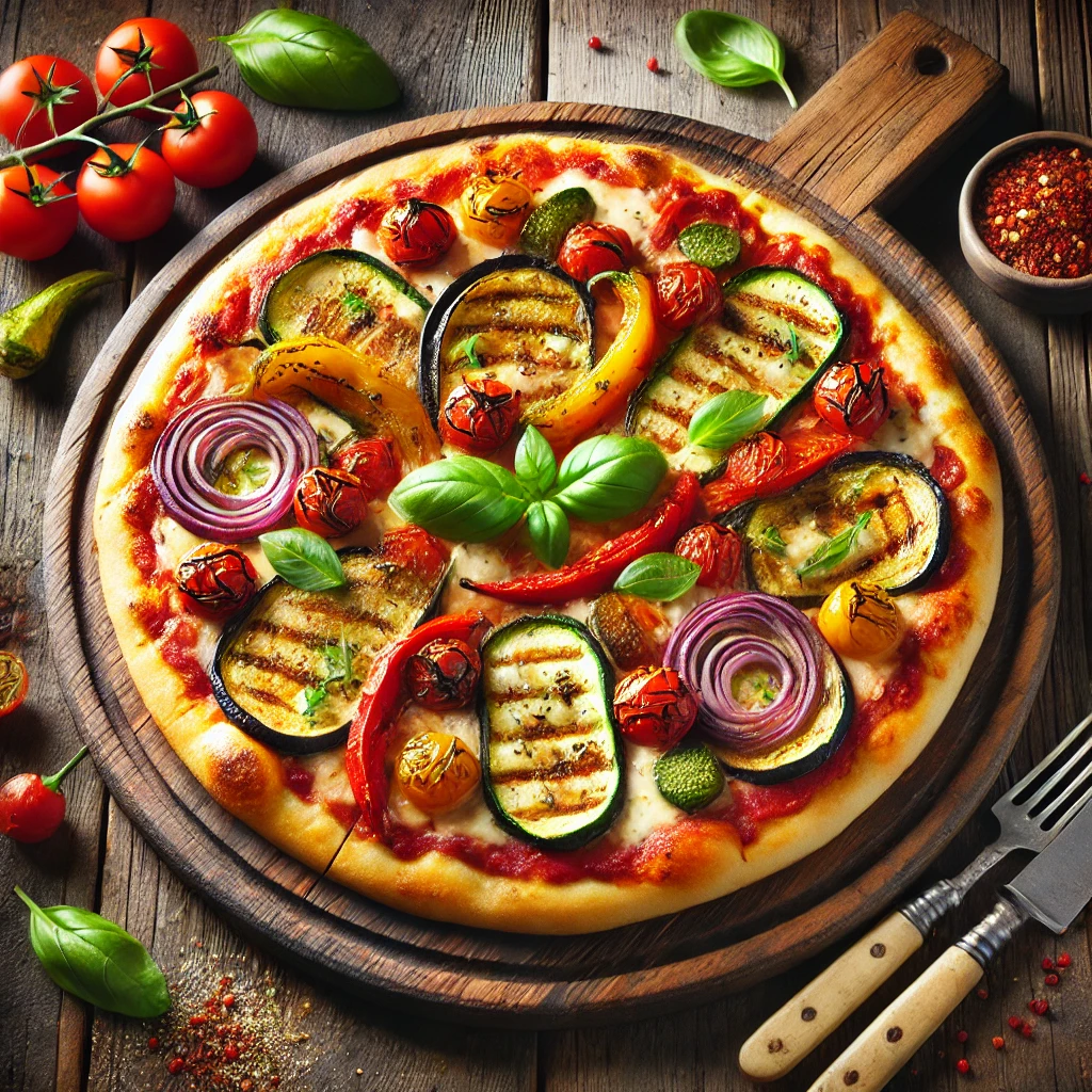 A beautifully plated Roasted Vegetable Pizza served on a rustic wooden table. The pizza features a crispy golden crust topped with a rich tomato sauce, melted mozzarella cheese, and an assortment of roasted vegetables such as zucchini, bell peppers, cherry tomatoes, red onions, and eggplant. Garnished with fresh basil leaves and a drizzle of balsamic glaze. Arranged on a wooden pizza board with a side of crushed red pepper flakes. The warm wooden table is more visible, providing a cozy and inviting setting.