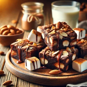 Rocky Road Brownies on a rustic wooden platter, featuring fudgy brownies topped with melted marshmallows, toasted almonds, and drizzled chocolate. Some pieces are stacked to reveal their moist interior, set on a wooden table with a glass of milk and a bowl of extra marshmallows and almonds in the softly blurred background.