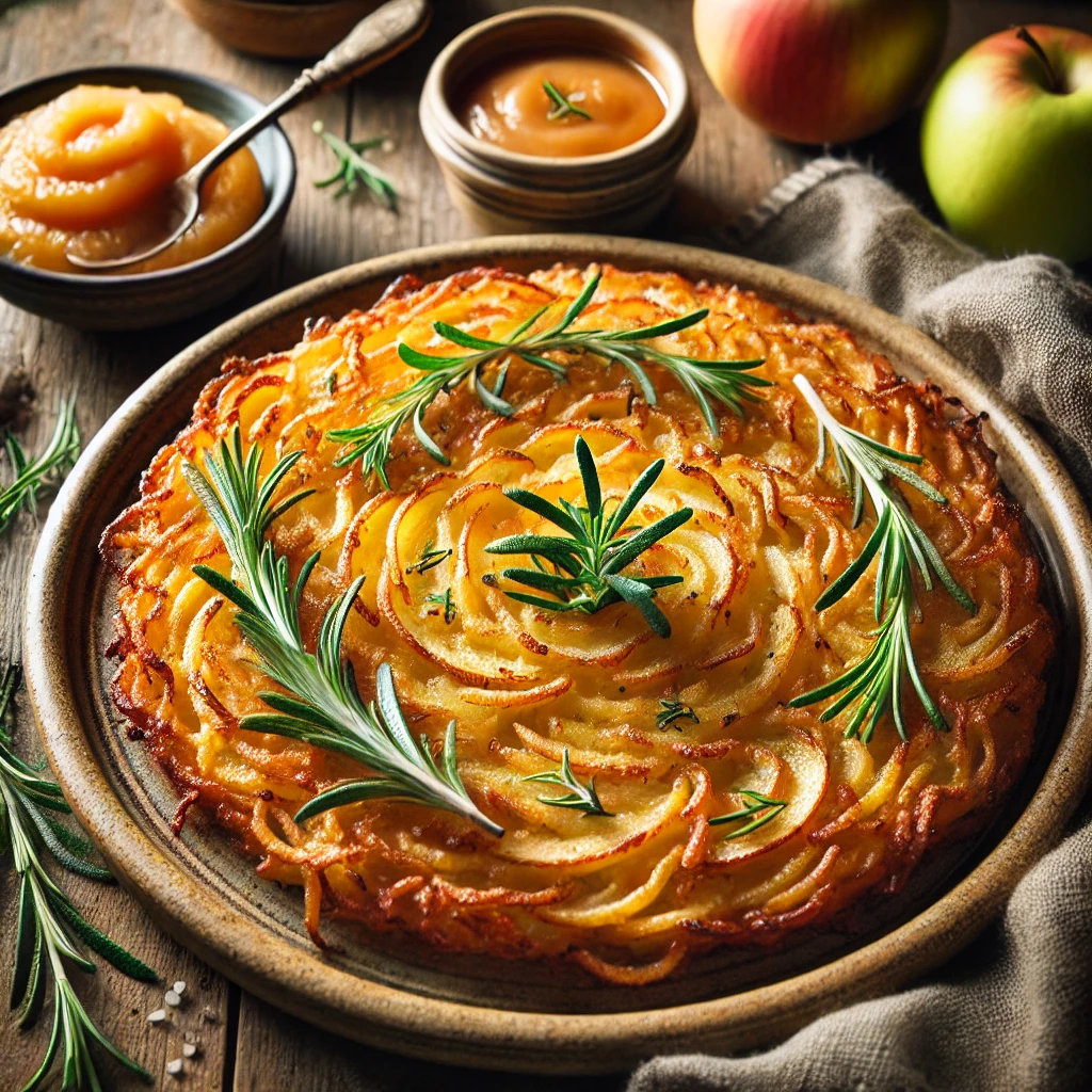 A golden Rosemary Apple Potato Rösti garnished with fresh rosemary, served on a rustic ceramic plate with a bowl of applesauce and fresh apples in the background on a wooden table.
