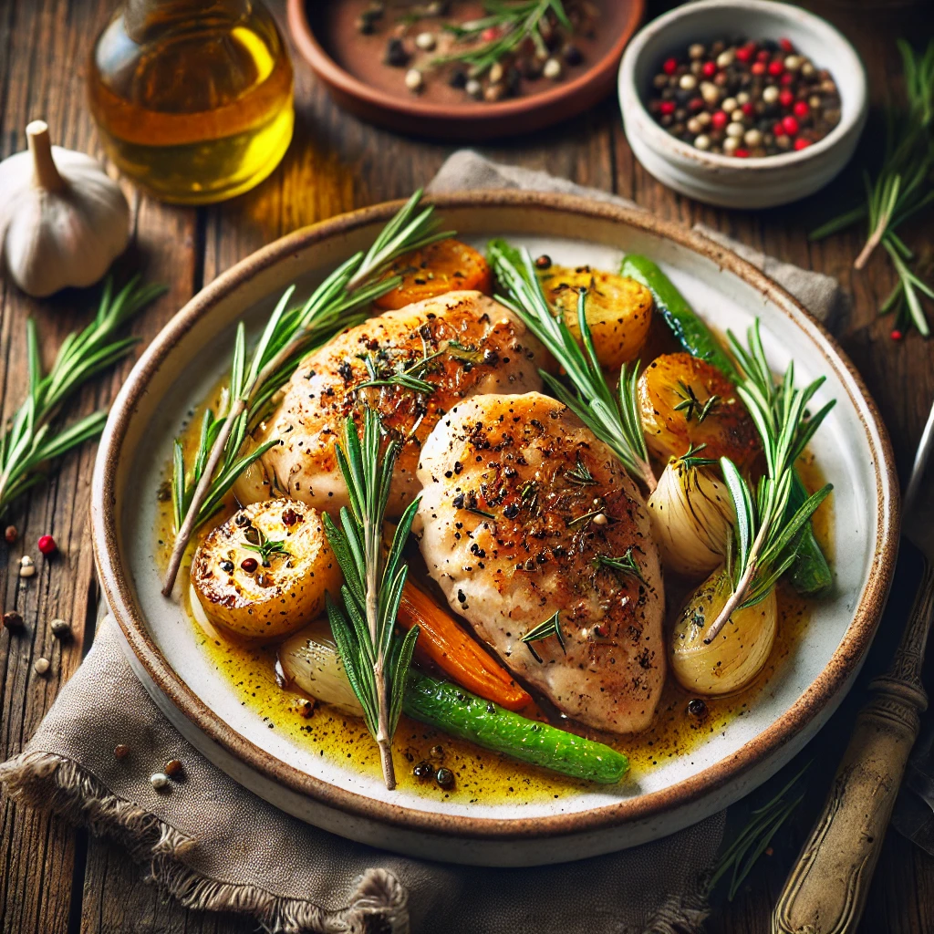 A beautifully plated dish of Rosemary Chicken Breasts served on a rustic wooden table. The dish features tender, pan-seared chicken breasts seasoned with fresh rosemary, garlic, and black pepper. Garnished with sprigs of rosemary and a drizzle of olive oil. Served in a white ceramic dish with a side of roasted potatoes and steamed vegetables. The warm wooden table is more visible, providing a cozy and inviting setting.