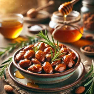 Rosemary Honeyed Almonds in a rustic ceramic bowl, featuring roasted almonds coated in a glossy honey glaze infused with fresh rosemary and sea salt. Garnished with rosemary sprigs, set on a wooden table with extra honey and a glass of herbal tea in the softly blurred background.