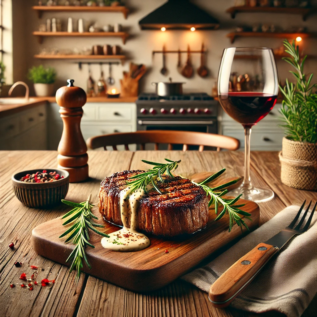 A modern and stylish kitchen with a freshly grilled Rosemary-Mayo Short Loin Steak on a wooden serving board. The steak is glazed with a rosemary mayonnaise mixture and garnished with fresh rosemary sprigs and smoked paprika. Nearby, a glass of red wine sits on a rustic wooden table with a napkin and cutlery. The warm lighting highlights the steak's texture, while the contemporary kitchen in the background features neutral tones and fresh herbs in a small planter.