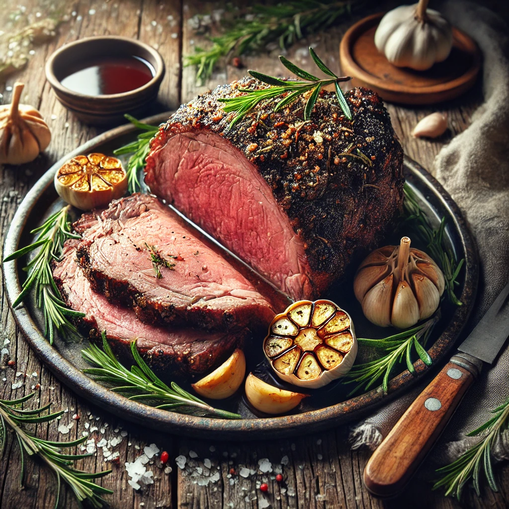 A rosemary prime rib roast with a perfectly seared crust, sliced to reveal a tender, juicy pink center, garnished with fresh rosemary sprigs and roasted garlic cloves on a rustic wooden table. A drizzle of rich au jus enhances the dish, with a cozy napkin and wooden cutting board adding to the warm, homey atmosphere.