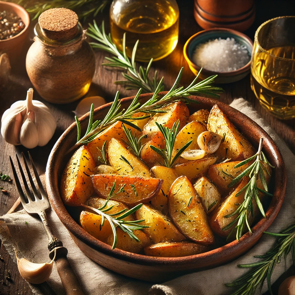 A dish of golden-brown Rosemary White-Wine Roasted Potatoes with rosemary sprigs and garlic cloves, served on a rustic wooden table with white wine and olive oil in the background.