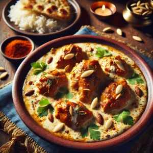A beautifully plated dish of Royal Chicken Cooked in Yoghurt, featuring tender, golden-brown chicken pieces simmered in a rich, spiced yoghurt sauce. The dish has a creamy texture with hints of cumin, coriander, and cardamom. Garnished with slivered almonds and fresh coriander, it is served in a rustic ceramic bowl. Accompanied by a side of fragrant basmati rice and naan bread, the bowl rests on a wooden table, with soft, warm lighting enhancing the inviting and regal presentation.