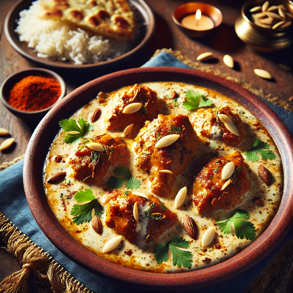 A beautifully plated dish of Royal Chicken Cooked in Yoghurt, featuring tender, golden-brown chicken pieces simmered in a rich, spiced yoghurt sauce. The dish has a creamy texture with hints of cumin, coriander, and cardamom. Garnished with slivered almonds and fresh coriander, it is served in a rustic ceramic bowl. Accompanied by a side of fragrant basmati rice and naan bread, the bowl rests on a wooden table, with soft, warm lighting enhancing the inviting and regal presentation.