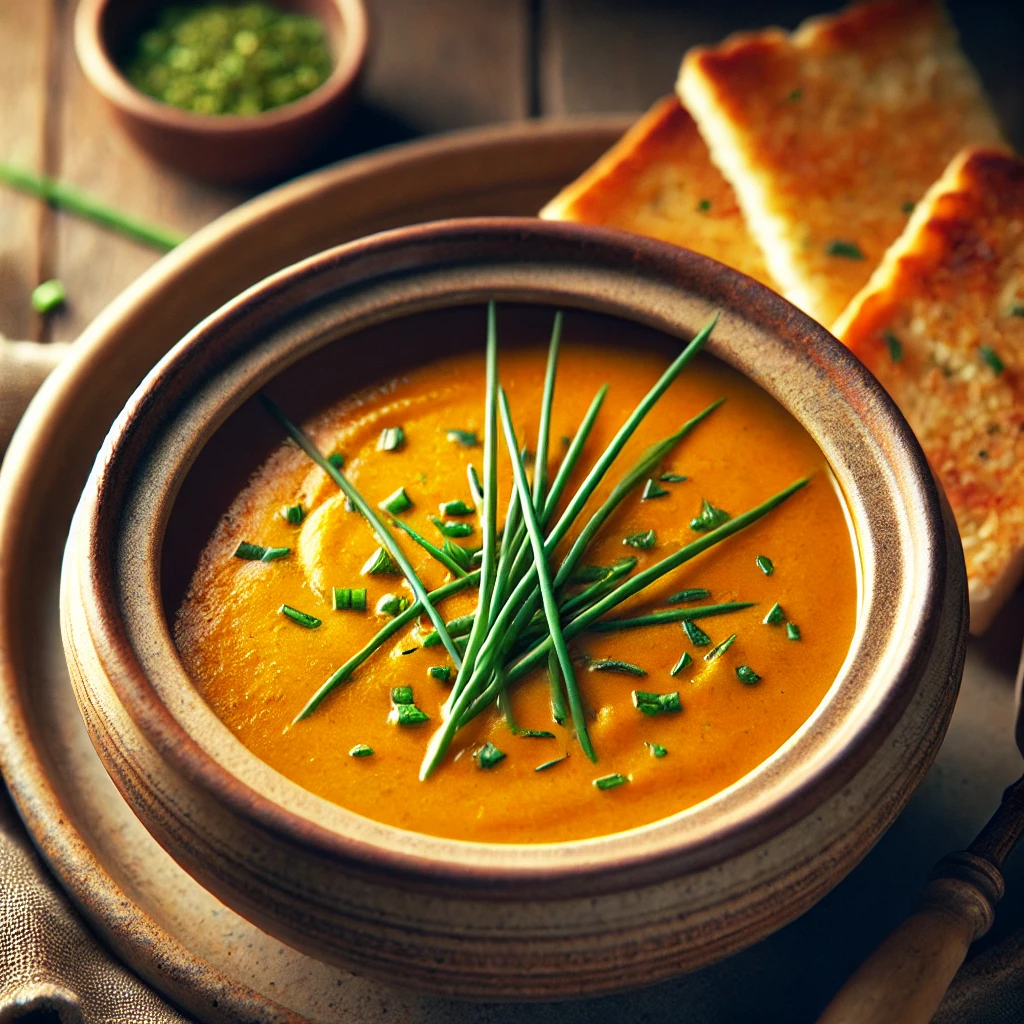 A beautifully plated Madras Curry Soup, featuring a smooth, creamy texture with a rich golden-orange hue. The soup is served in a rustic ceramic bowl, garnished with finely chopped fresh chives. A side of thin, crisp toast sits next to the bowl on a wooden table. Soft, warm lighting enhances the comforting and nostalgic feel of this Anglo-Indian inspired dish.
