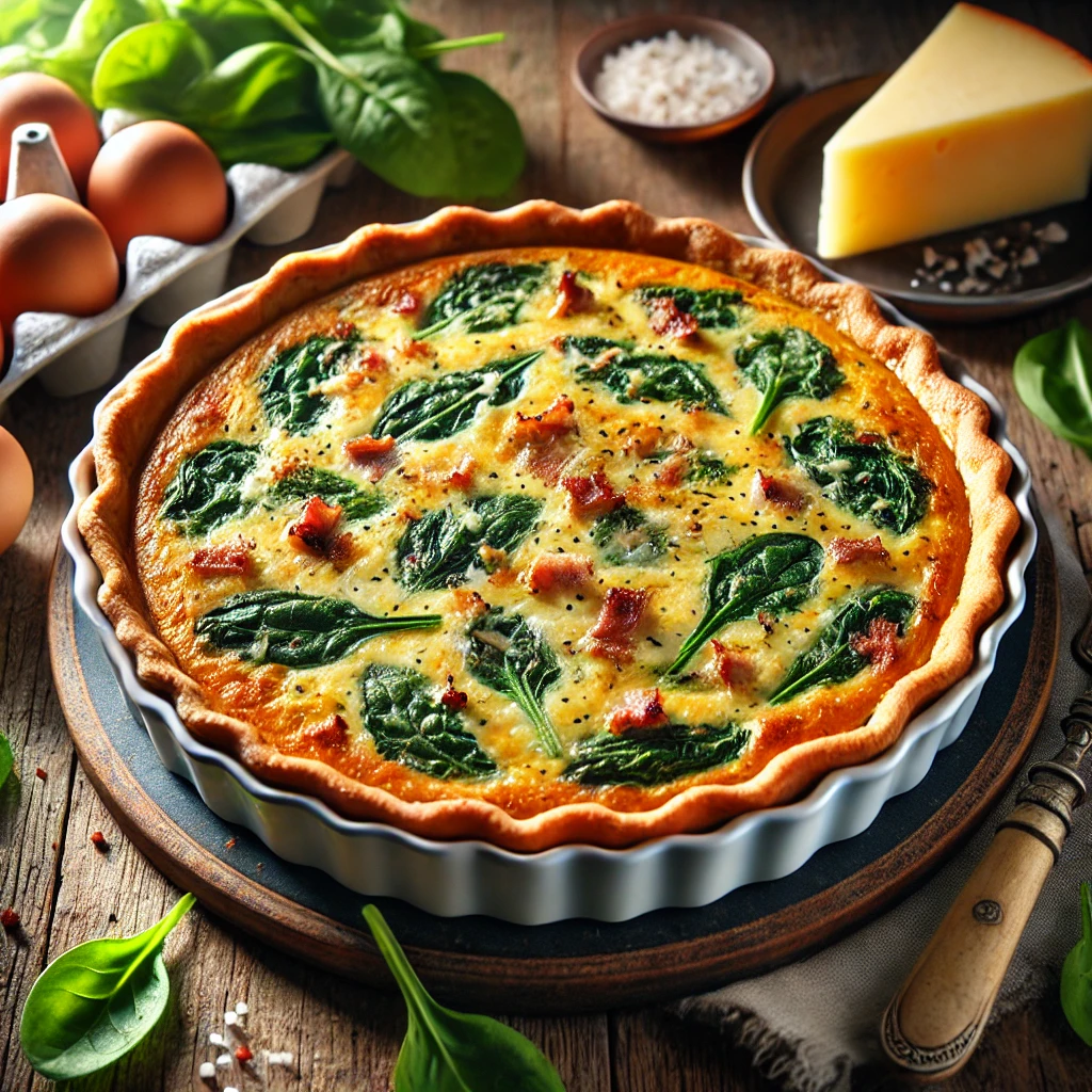 A rich and golden quiche served in a deep-dish pie plate with a perfectly flaky crust. The filling showcases layers of cooked bacon, sautéed spinach, and melted Gruyère cheese, topped with a creamy, gently browned custard. The quiche is set on a rustic wooden table, accompanied by fresh spinach leaves, eggs, and a block of Gruyère cheese, with soft natural lighting enhancing its textures and inviting warmth.