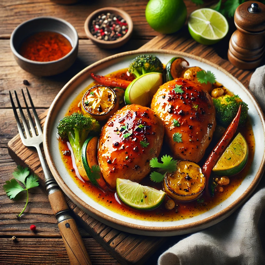 A beautifully plated dish of Rum Chicken served on a rustic wooden table. The dish features tender, pan-seared chicken breasts glazed in a rich, slightly sweet rum sauce infused with garlic, honey, and spices. Garnished with fresh cilantro and lime wedges. Served in a white ceramic plate with a side of roasted vegetables or rice. The warm wooden table is more visible, providing a cozy and inviting setting.