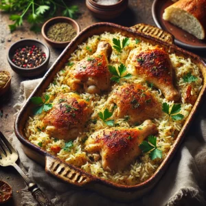 : A rustic chicken and rice bake in a ceramic baking dish, featuring tender chicken thighs with crispy golden skin on a bed of fluffy, herb-infused rice. Garnished with fresh parsley and a sprinkle of black pepper, the dish is set on a rustic wooden table with a serving spoon, a side salad, and slices of crusty bread. Warm natural light highlights the golden tones and comforting textures, creating a cozy, homemade feel.