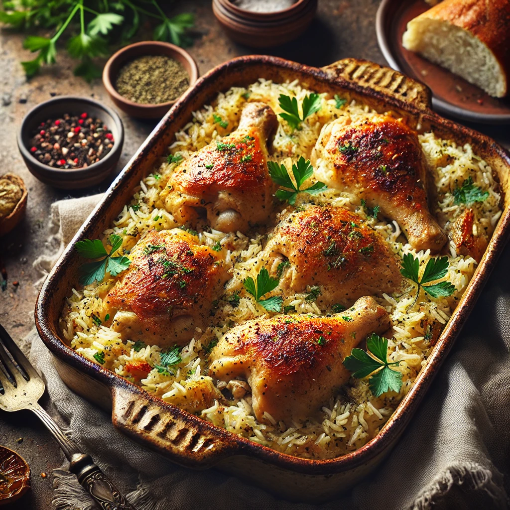 : A rustic chicken and rice bake in a ceramic baking dish, featuring tender chicken thighs with crispy golden skin on a bed of fluffy, herb-infused rice. Garnished with fresh parsley and a sprinkle of black pepper, the dish is set on a rustic wooden table with a serving spoon, a side salad, and slices of crusty bread. Warm natural light highlights the golden tones and comforting textures, creating a cozy, homemade feel.