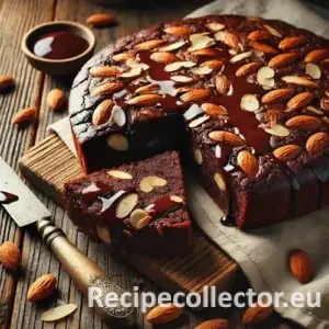 A sliced chocolate almond bake with a glossy chocolate top and toasted almonds, set on a rustic wooden table with warm natural lighting.