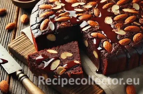 A sliced chocolate almond bake with a glossy chocolate top and toasted almonds, set on a rustic wooden table with warm natural lighting.