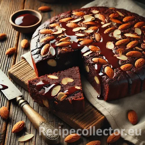 A sliced chocolate almond bake with a glossy chocolate top and toasted almonds, set on a rustic wooden table with warm natural lighting.
