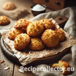 Golden-brown coconut drop cookies with toasted coconut flakes, arranged on parchment paper over a rustic wooden table, in warm natural light.