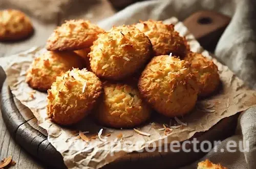 Golden-brown coconut drop cookies with toasted coconut flakes, arranged on parchment paper over a rustic wooden table, in warm natural light.