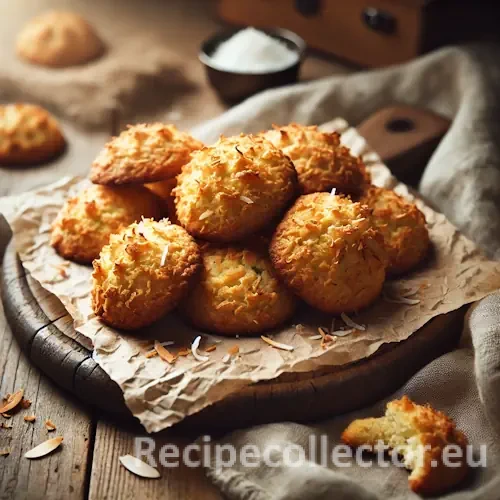 Golden-brown coconut drop cookies with toasted coconut flakes, arranged on parchment paper over a rustic wooden table, in warm natural light.