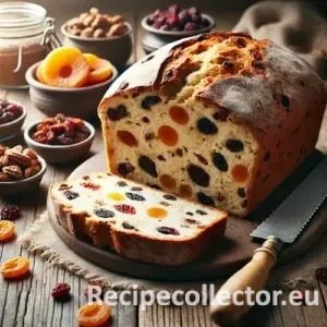 Sliced loaf of dried fruit bread with raisins, apricots, and figs on a rustic wooden table, surrounded by small bowls of dried fruits and a vintage knife.