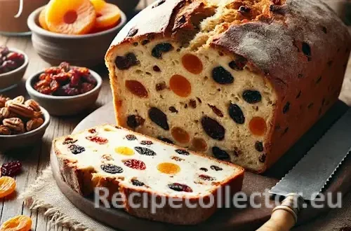 Sliced loaf of dried fruit bread with raisins, apricots, and figs on a rustic wooden table, surrounded by small bowls of dried fruits and a vintage knife.