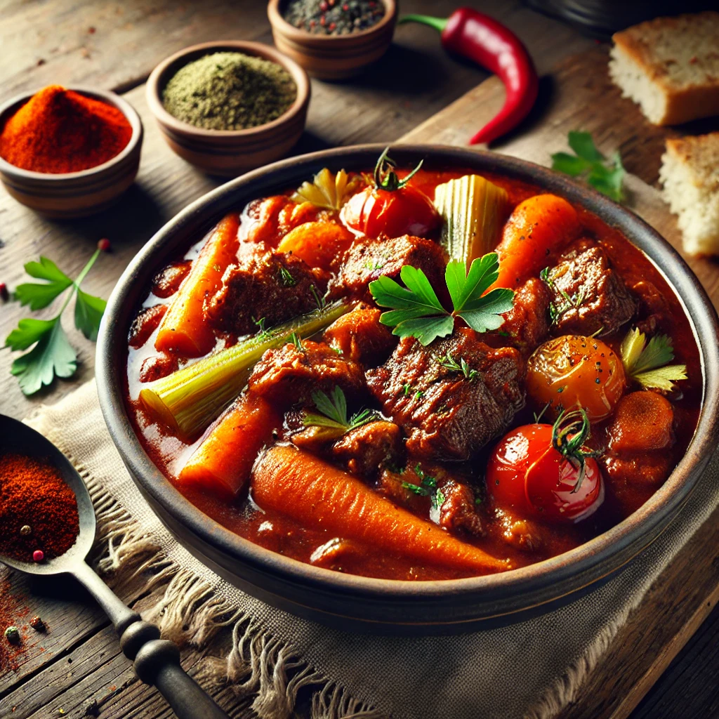 A hearty and rich Hungarian Oven Stew (Marha Pörkölt) served in a rustic bowl, featuring tender chunks of beef, vibrant bell peppers, carrots, and celery in a thick, flavorful paprika-infused sauce. The dish is garnished with fresh herbs and presented on a wooden table with a side of bread, accompanied by small bowls of Hungarian paprika and caraway seeds. Natural lighting enhances the warm and inviting appeal of this comforting meal.