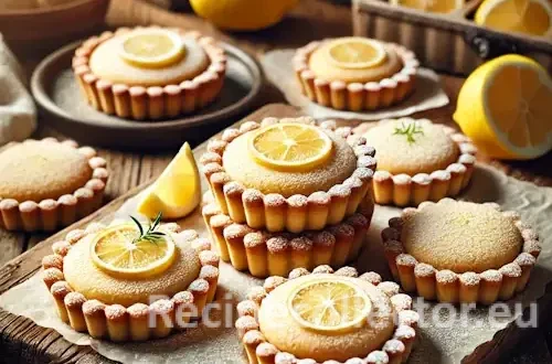 A batch of pale yellow lemon sand tarts with powdered sugar on parchment, arranged on a rustic wooden table with lemon slices and zest curls nearby.