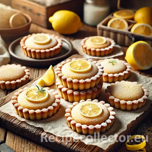 A batch of pale yellow lemon sand tarts with powdered sugar on parchment, arranged on a rustic wooden table with lemon slices and zest curls nearby.