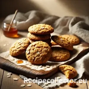 Golden-brown maple oatmeal cookies arranged on a rustic wooden table, with visible oats and a chewy texture, lit by soft natural light.