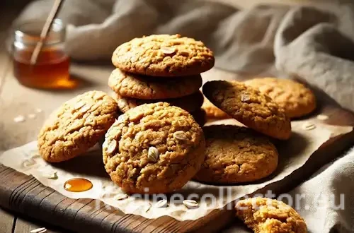 Golden-brown maple oatmeal cookies arranged on a rustic wooden table, with visible oats and a chewy texture, lit by soft natural light.