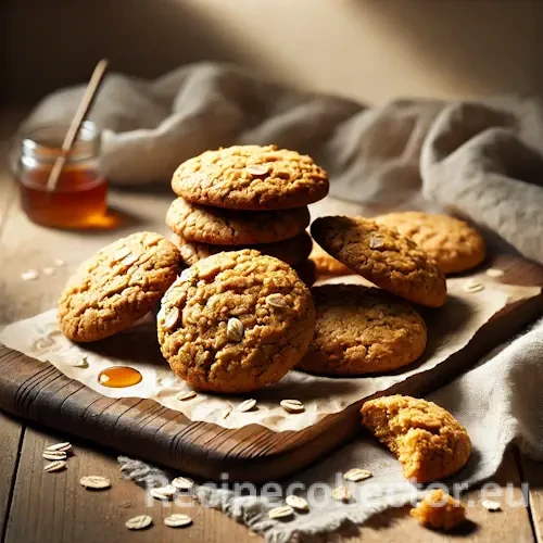 Golden-brown maple oatmeal cookies arranged on a rustic wooden table, with visible oats and a chewy texture, lit by soft natural light.