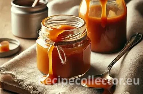 Photorealistic image of small mason jars filled with rich caramel sauce, placed on a rustic wooden table with a spoon beside them and warm, cozy lighting.