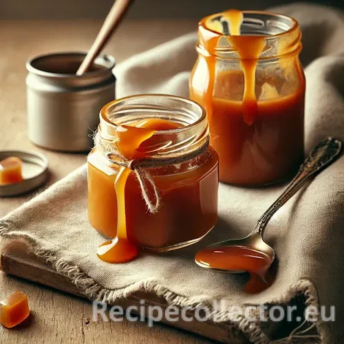 Photorealistic image of small mason jars filled with rich caramel sauce, placed on a rustic wooden table with a spoon beside them and warm, cozy lighting.