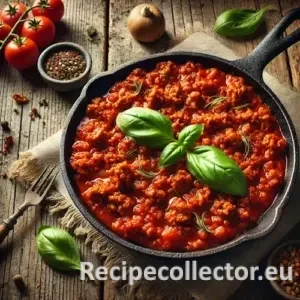 Hearty meaty marinara sauce with vegan crumbles and fresh basil served in a cast iron skillet on a rustic wooden table, photographed in warm natural light.