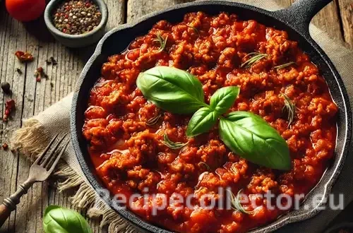 Hearty meaty marinara sauce with vegan crumbles and fresh basil served in a cast iron skillet on a rustic wooden table, photographed in warm natural light.