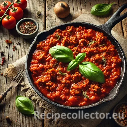 Hearty meaty marinara sauce with vegan crumbles and fresh basil served in a cast iron skillet on a rustic wooden table, photographed in warm natural light.