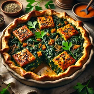 A golden Rustic Orange Tempeh Spinach Pie with a flaky crust, filled with marinated orange tempeh, sautéed spinach, and caramelized onions, garnished with sesame seeds and parsley, set on a wooden table with a bowl of orange glaze and napkin nearby.