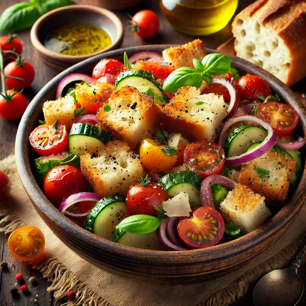 Crispy toasted bread cubes tossed with juicy cherry tomatoes, sliced cucumbers, red onions, and fresh basil, drizzled with olive oil and balsamic dressing, and topped with Parmesan.