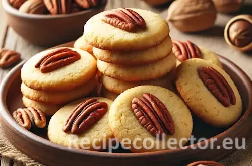 Golden brown pecan shortbread cookies on a rustic wooden table, with visible pecan pieces and a cozy, homemade presentation.