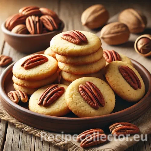 Golden brown pecan shortbread cookies on a rustic wooden table, with visible pecan pieces and a cozy, homemade presentation.