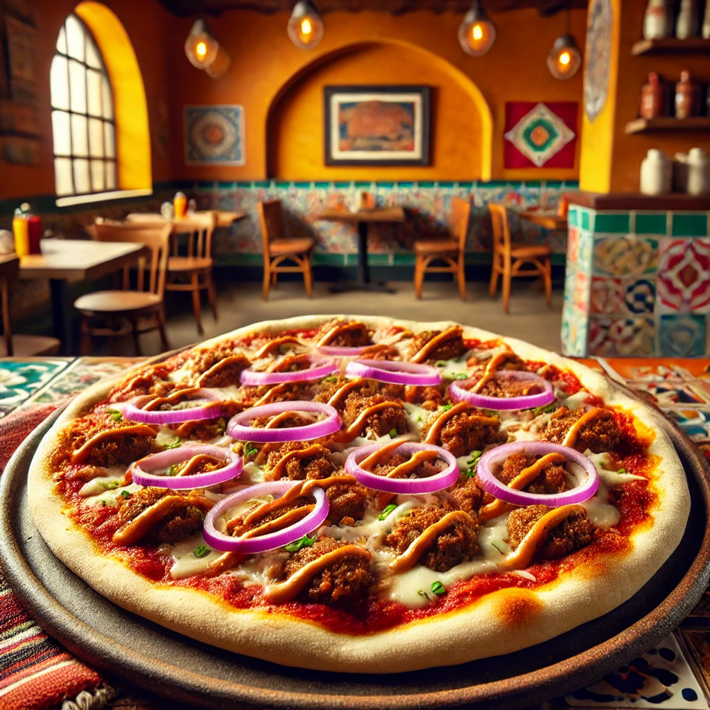 Rustic pizza with ground pork, beef sausage, and mozzarella cheese, served in a cozy Mexican-inspired kitchen.
