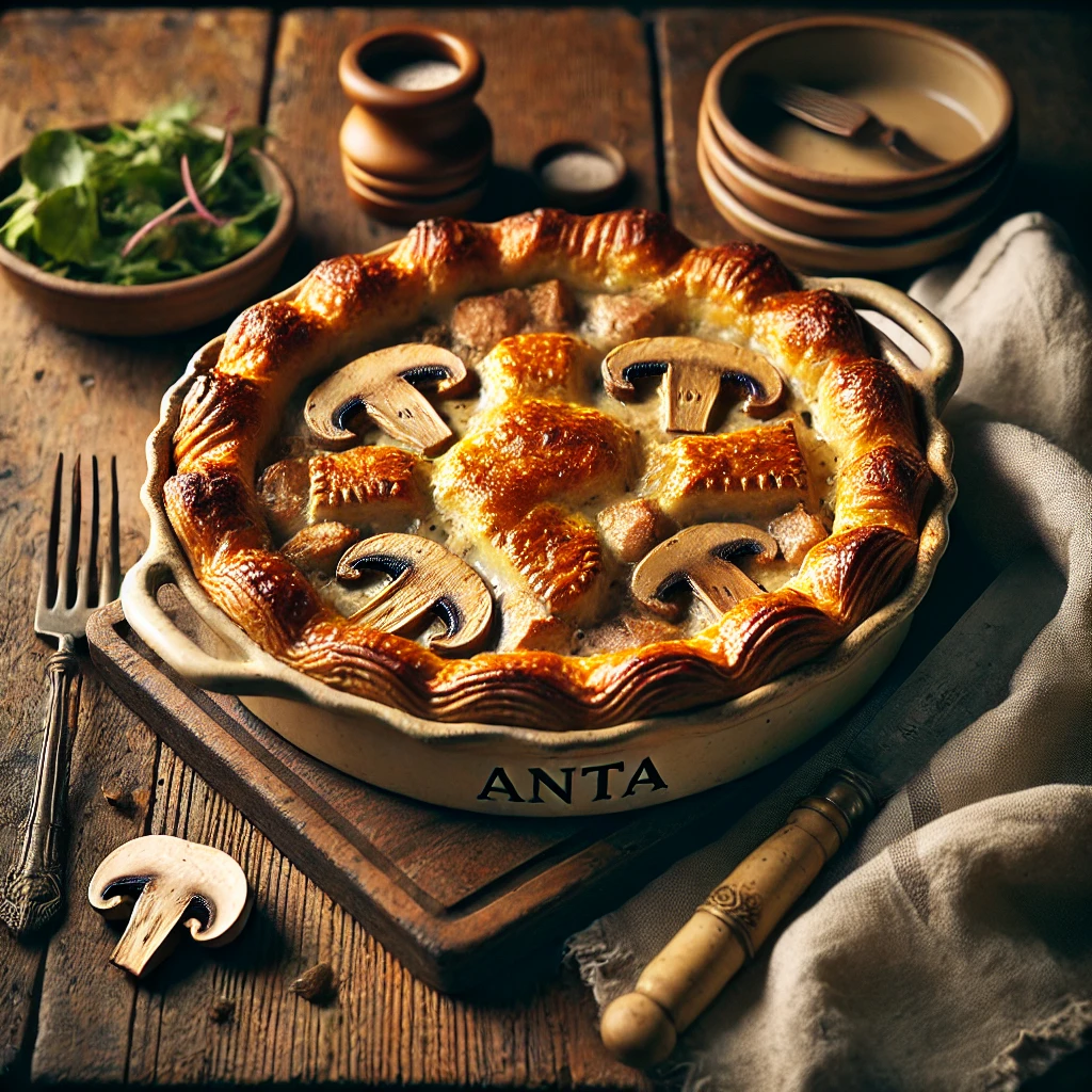 Pork and Mushroom Pie in an artisan ANTA baking dish, with a golden, flaky crust featuring decorative slits, revealing a creamy pork and mushroom filling. The dish is styled on a rustic wooden table with a linen napkin, a wooden serving spoon, and a side of fresh green salad.
